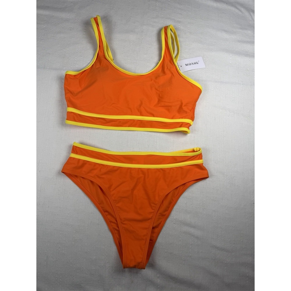 MOSHU Neon Orange Yellow Trim Bikini Set Women's Medium Colorblock Swimwear NWT